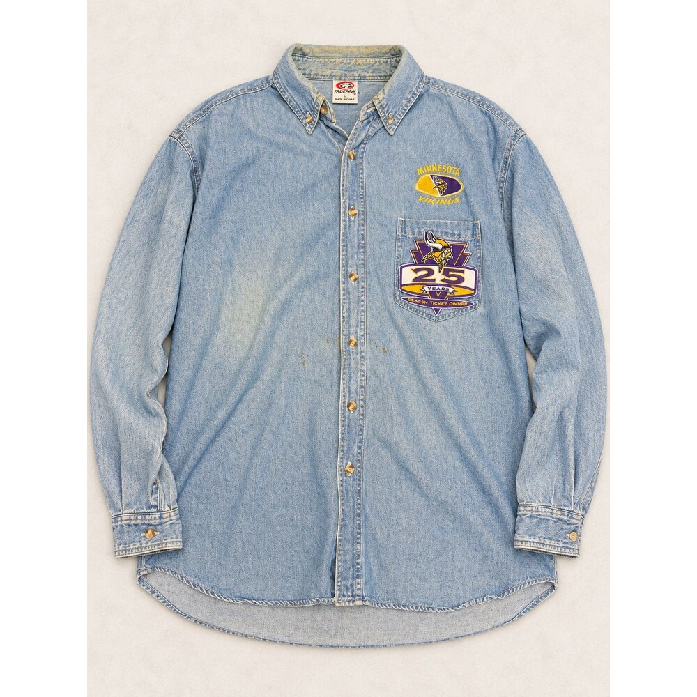 True Fan Minnesota Vikings Denim Shirt L 25 Years Season Ticket Owner Button Up